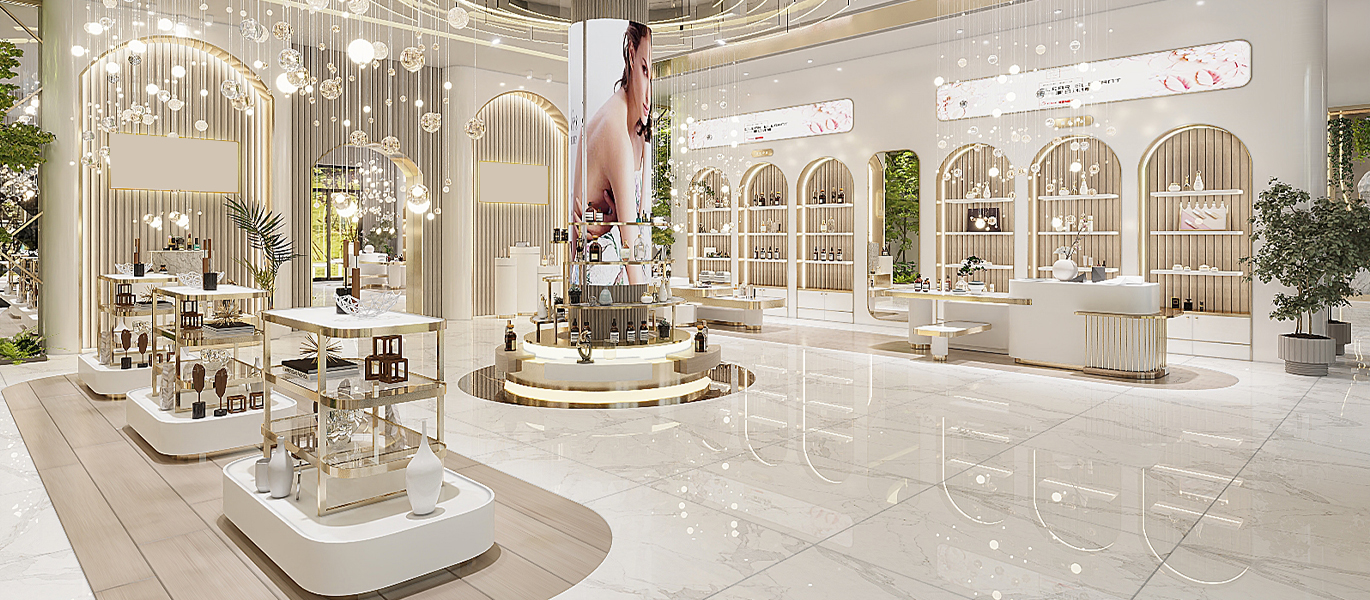 Brand cosmetics store interior design showcase display stand customization project