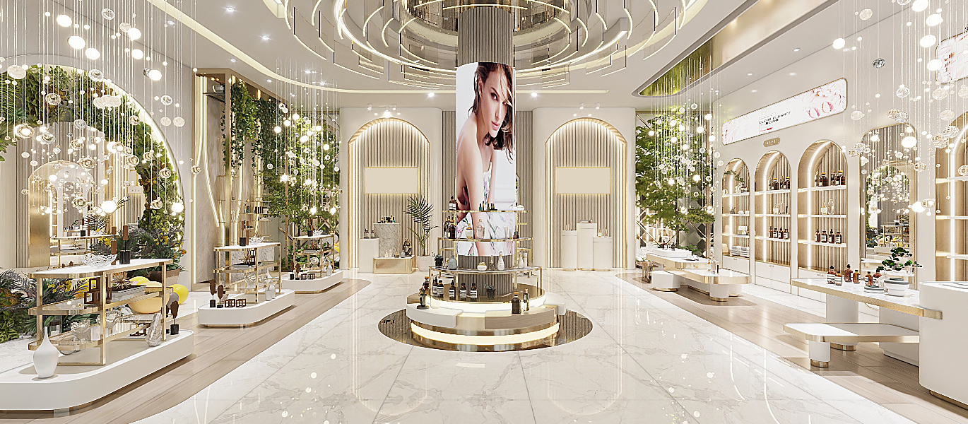 Brand cosmetics store interior design showcase display stand customization project