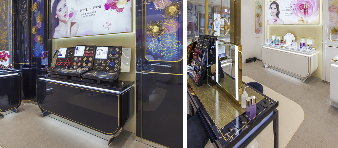 High-end space design and showcase customization for cosmetics makeup retail stores