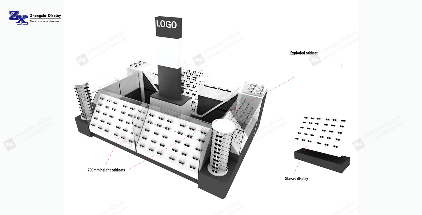 【Qatar】Modern style eyewear glasses retail kiosk design sun glasses display booth customization