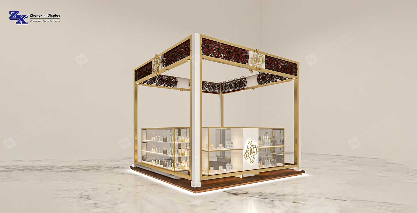 Fashion cosmetic mall kiosk design customize skincare display booth counter display for sale