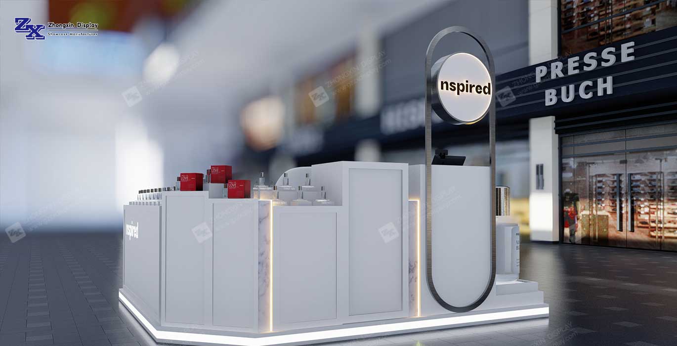 Newest design makeup showcase kiosk with store furniture modern shopping mall cosmetic kiosk design