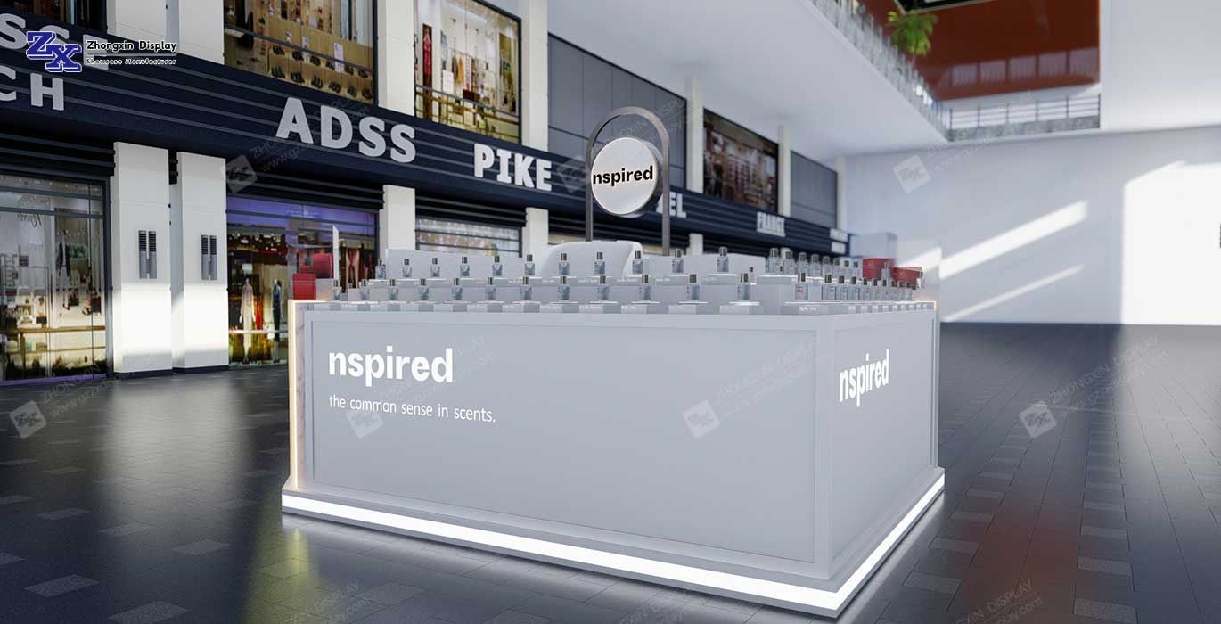 Newest design makeup showcase kiosk with store furniture modern shopping mall cosmetic kiosk design