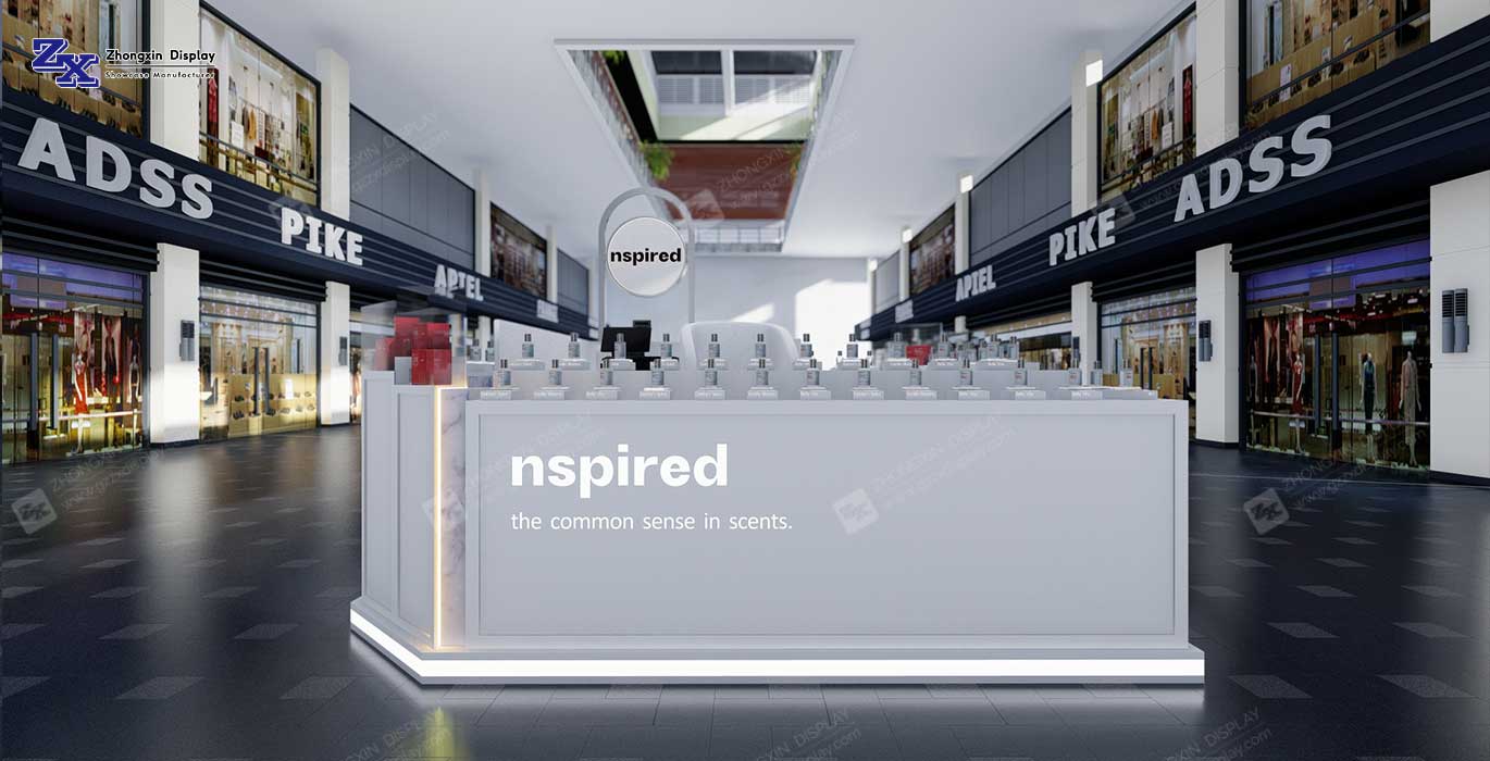 Newest design makeup showcase kiosk with store furniture modern shopping mall cosmetic kiosk design