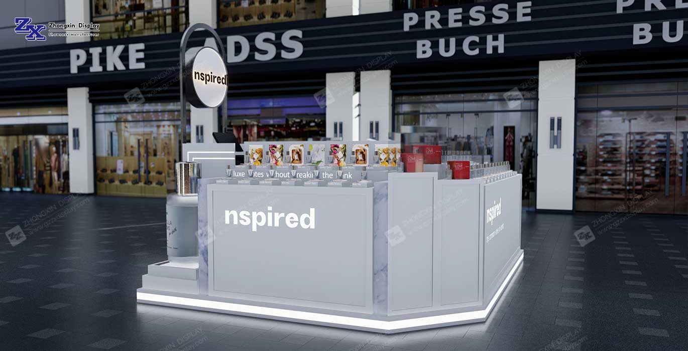 Newest design makeup showcase kiosk with store furniture modern shopping mall cosmetic kiosk design